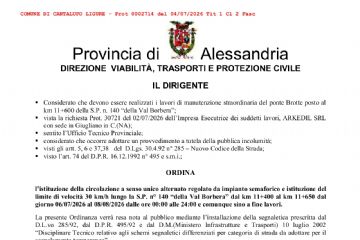 Istituzione dal 06/07/2026 senso unico alternato Ponte delle Brotte - Strada Provinciale S.P.140 della Val Borbera