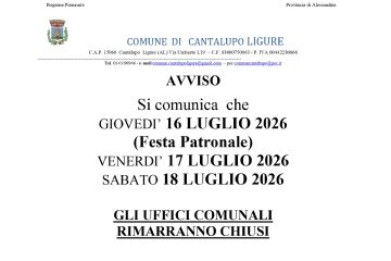 Chiusura uffici il 16-17-18/07/2026
