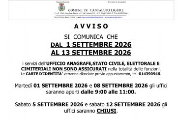 Avviso ferie e variazioni orari d'ufficio 01.09-12.09.2026